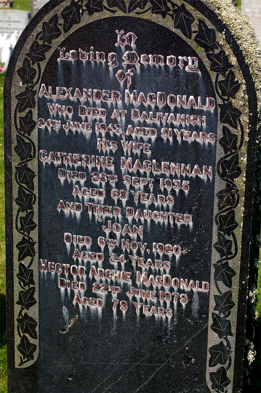 Photo of headstones/Alexander MacDonald d1942 hdstn Benbecula Nunton Cem
